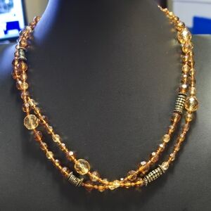 Single Stand Hand Beaded Amber Tone Crystal Bead Necklace